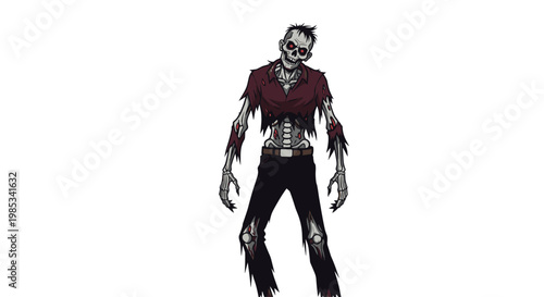 Full length character illustration of a frightening zombie with glowing red eyes and tattered clothing standing against a white background.