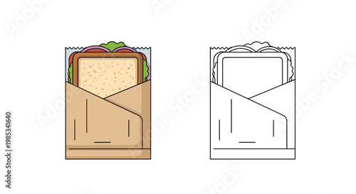 Simple illustration of a sandwich inside a brown paper bag provided in both a colored flat design and a clean black outline version.