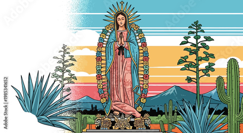 Virgin Mary Statue in Mexican Desert Landscape with Agave and Cacti