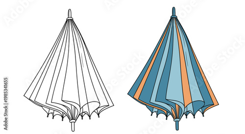 Set of two umbrellas including a simple black and white line drawing and a colorful blue and orange version for weather design.
