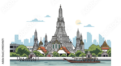 Wat Arun Temple Bangkok Skyline Thailand Landmark Vector Illustration