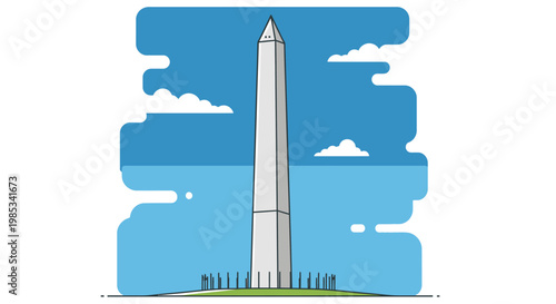 Washington Monument, USA Landmark, Flat Design Illustration, Blue Sky Background