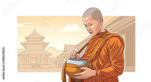 Young Buddhist Monk in Orange Robes Holding Alms Bowl in Temple Background
