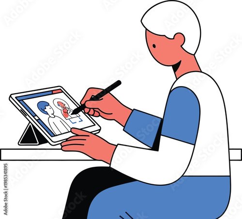 Artist drawing on digital tablet, creating illustration, creative process