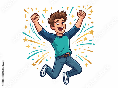 Cheerful Excited Man Raising Fists in Victory - Celebration Character Vector Illustration