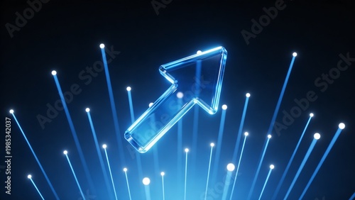A glowing blue arrow points upwards surrounded by radiant lines and dots in a dark background