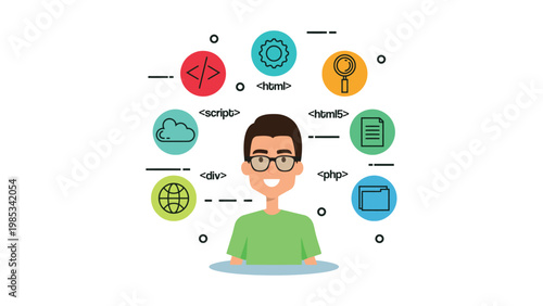 A developer surrounded by various web and programming technologies icons Vector