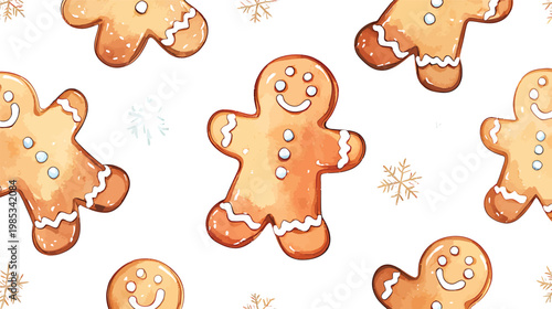 Watercolor Gingerbread Man Cookies Pattern Festive Christmas Holiday.