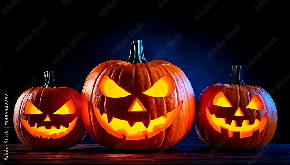 Fototapeta premium Three carved orange pumpkins with glowing faces sit on a dark surface against a black and blue background