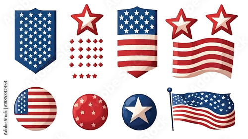Collection of American Flag Elements and Patriotic Symbols.