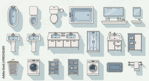 Collection of bathroom fixtures and appliances seen from above.