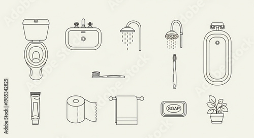 Collection of bathroom hygiene and cleaning items illustrated in a simple line art style.