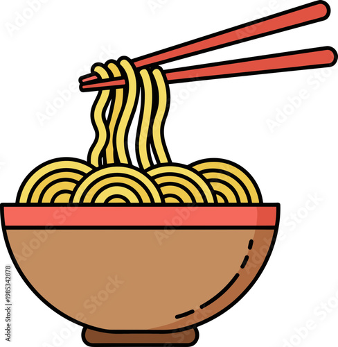 Bowl of Ramen Noodles with Chopsticks - Asian Food Illustration