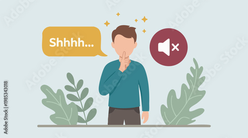 Person gesturing for silence with finger on lips, mute icon and 'Shhhh' text
