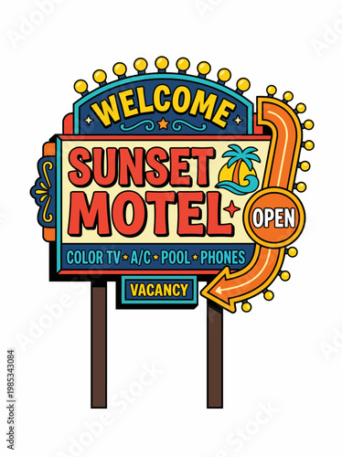 Vibrant retro motel welcome sign illustration with neon-inspired shapes, offering hospitality for roadside travelers and vacationers.