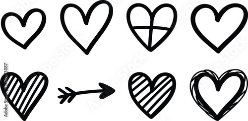 Hand Drawn Heart Icon Set with Love Symbols, Arrow Heart, Broken Heart, Outline and Filled Shapes for Romantic Design Projects