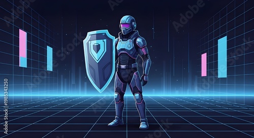 Futuristic security guard with cybernetic armor and helmet holding a large shield, standing in a neon-lit digital grid environment, sci-fi concept art, data protection warrior, cybersecurity defender,