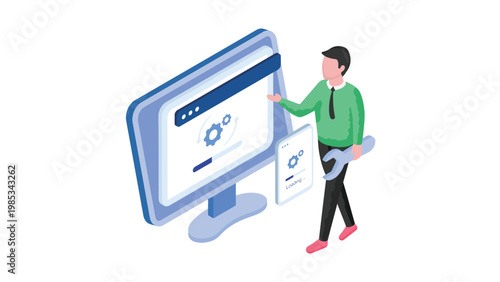 Professional presenting a software dashboard on a large screen with a tablet Vector