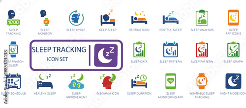 flat design sleep tracking icon set with health and fitness symbols