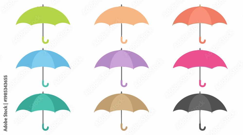 Obraz premium Colorful Umbrella Collection on White Background, Flat Vector Icons Set