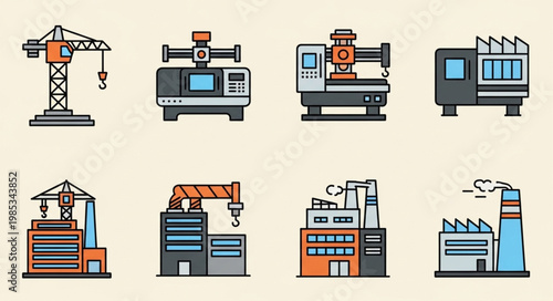 Collection of Industrial Factory and Machine Icons.