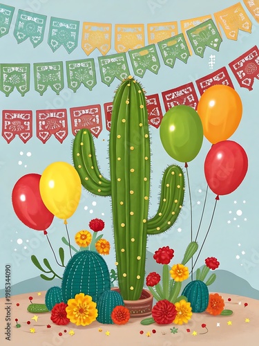 Festive Saguaro Cactus With Balloons And Papel Picado Decorations Keywords: cactus, saguaro, balloon, party