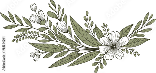Hand-drawn botanical illustration: delicate floral and leaf arrangement with vintage sketch style
