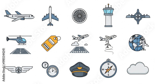 Collection of aviation and travel related icons.