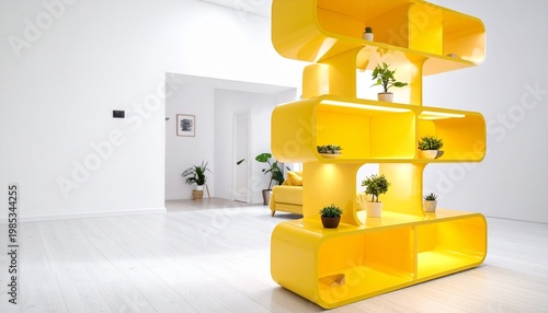 Yellow four-tier shelf with rounded edges and glossy finish, symbolizing compact modern design, storage, and decorative utility.