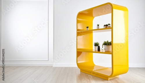 Yellow four-tier shelf with rounded edges and glossy finish, symbolizing compact modern design, storage, and decorative utility.