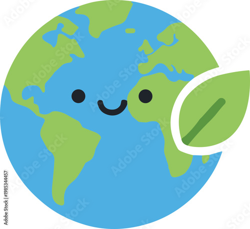 Cute cartoon earth planet with smiling face and green leaf, eco-friendly concept