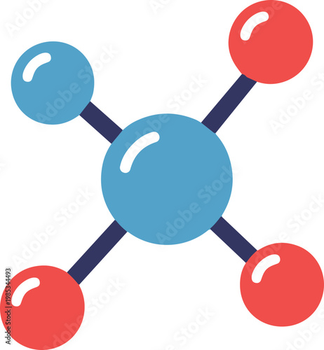 Abstract molecular structure with red and blue spheres on white background