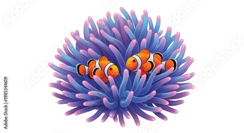 Vibrant duo of clownfish nestled within a colorful sea anemone illustration