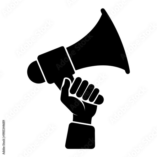 Protest, activism, megaphone icon, hand holding loudspeaker, black silhouette