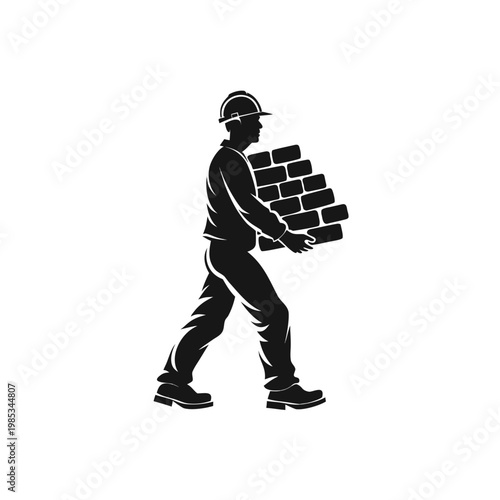 Construction worker, laborer, carrying bricks, masonry vector icon