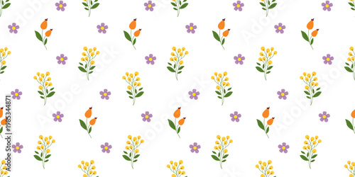 Seamless floral vector pattern with small wildflowers, buds and leaves. Flat illustration with simple shapes and repeating layout in yellow, purple and orange colors.