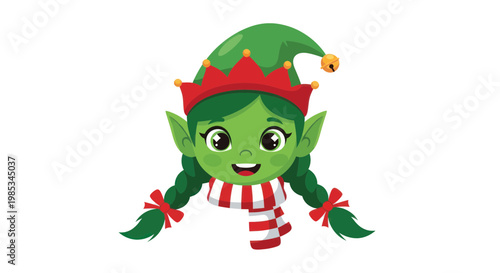 Cute Christmas Elf Girl Character with Green Hair and Red Scarf