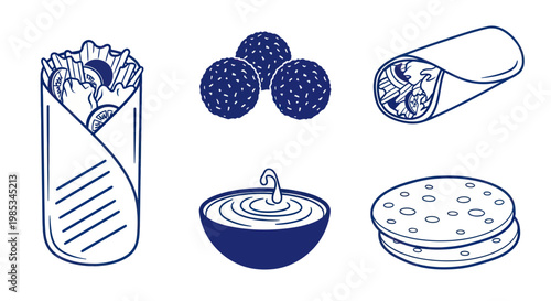 Middle Eastern Food Icons: Falafel, Shawarma, Hummus, Pita Bread