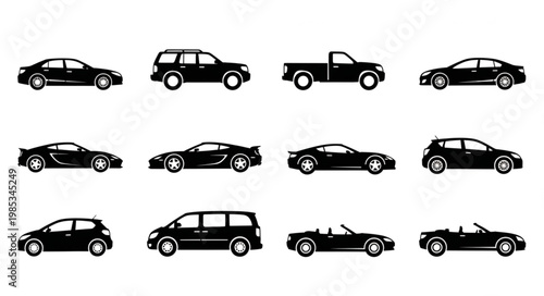 Collection of Diverse Car Silhouettes Isolated on White Background.