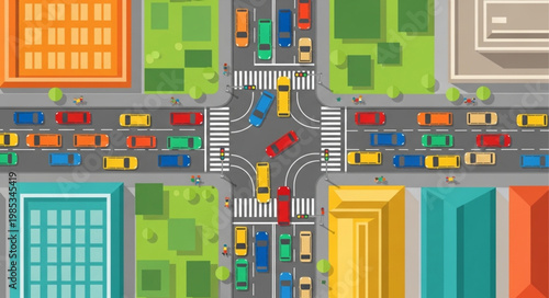 Busy City Intersection with Traffic Jam and Cars.