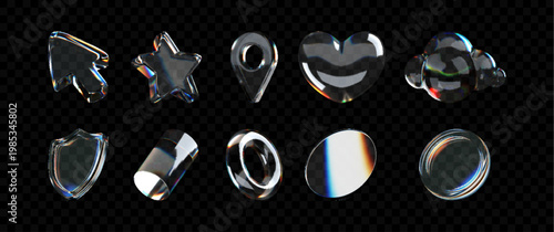 
transparent 3d glassmorphism icon set with reflection and light effects, various shapes like stars, hearts, location pins and abstract elements.
