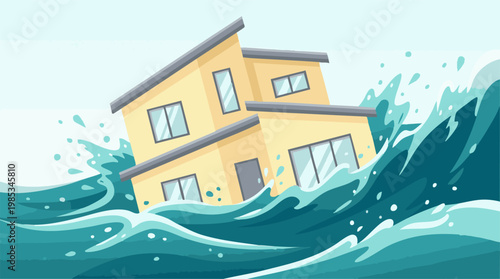 Modern house engulfed by massive floodwaters, depicting natural disaster.