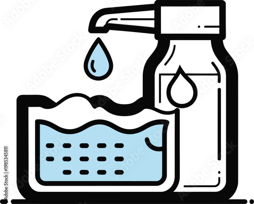 Liquid soap dispenser pouring drops into a basin of water, hygiene concept