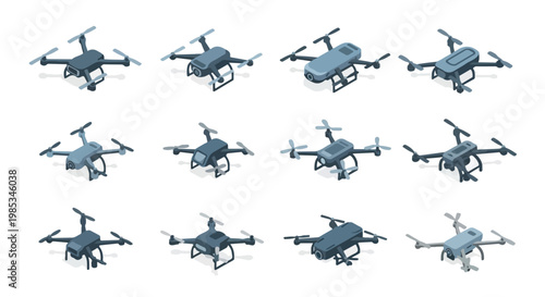 Collection of various drone models arranged in rows on a plain white background with a technical and innovative mood.