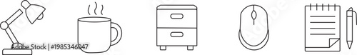 Minimalist line drawing of common household objects a lamp vase cabinet bathtub and radiator