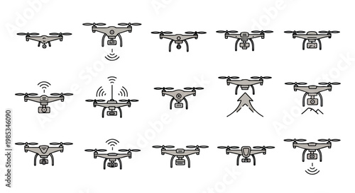 Black and white illustration set of various drone designs and components on a plain white background with a technical and informative mood.