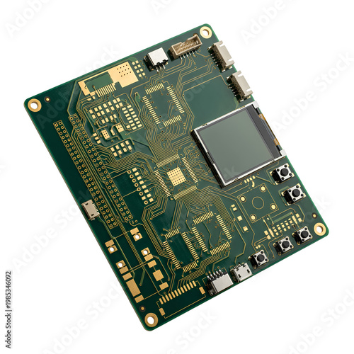 Detailed view of a green circuit board with various electronic components.