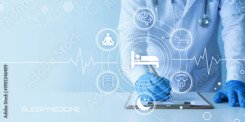 Foto Doctor analyzing sleep medicine concepts with digital interface showing medical