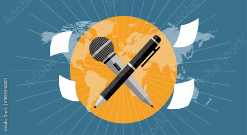 Microphone and Pen Symbol Press Freedom Day Flat Vector Background