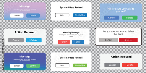 Modern ui alert popup boxes with gradient backgrounds and colorful buttons for app vector.